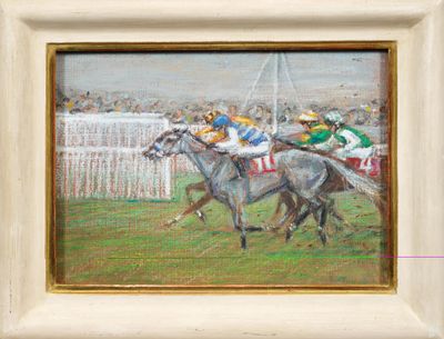 a painting of a horse race with jockeys and horses
