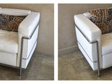 two pictures of a white chair with a pillow on top of it