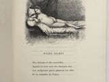 an open book with a drawing of a woman laying on a bed