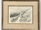un vieux dessin représentant une vue d'une ville avec un train qui arrive sur les rails