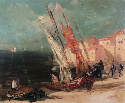 un tableau représentant un bateau sur la plage avec des personnes à bord