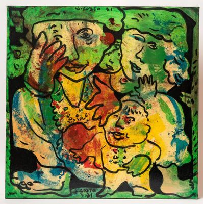 a painting of a woman holding a baby and a child