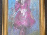 painting of a little girl in a pink dress holding a pink balloon