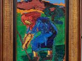an image of a painting of a woman in a blue dress holding a stick