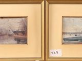 deux tableaux encadrés représentant un bateau et un bateau sur une rivière