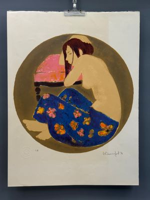 une image d'un tableau représentant une femme en robe bleue