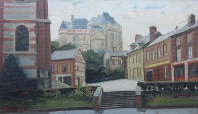 un tableau représentant une vue de ville avec un château en arrière-plan
