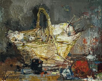 une peinture représentant un panier de bananes posé sur une table