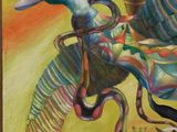 a painting of a duck and a fish in a vase