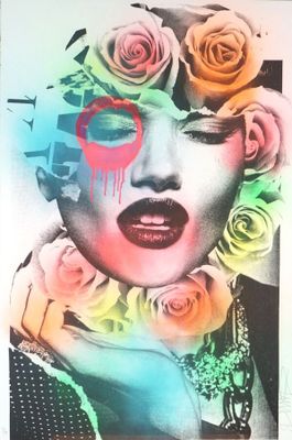 tableau représentant une femme avec des roses dans les cheveux et un cœur ensanglanté sur le visage
