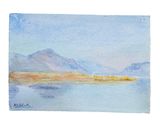 aquarelle représentant un lac avec des montagnes en arrière-plan