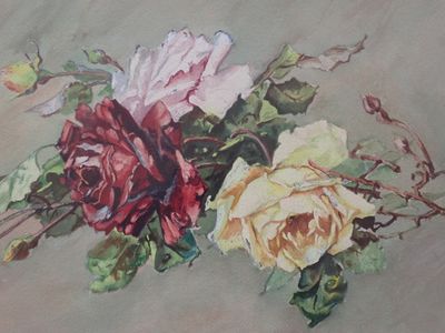 Ecole du XXème siècle. Les roses, aquarelle sur papier monog…
