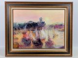une peinture représentant une peinture représentant un paysage, dans un cadre doré