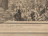 a drawing of a large group of people standing in front of a statue