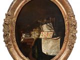 an image of a painting of a woman sitting at a table reading a book