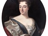 portrait of a lady in a blue and white dress with a red sash