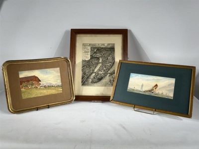 trois photos encadrées représentant des chevaux et une grange sur fond blanc
