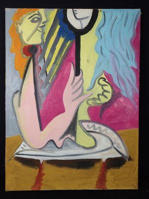 un tableau représentant une femme avec une harpe posée sur une table