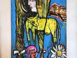 a picture of a painting of a woman and a horse