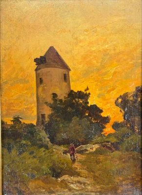 MOREAU (XX°) Personnage au moulin Huile sur toile, signée en…