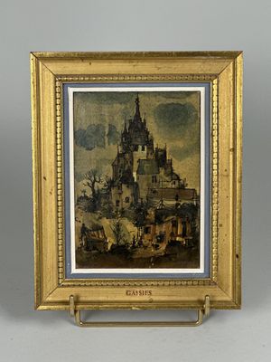 une image représentant un tableau d'un château dans un cadre doré