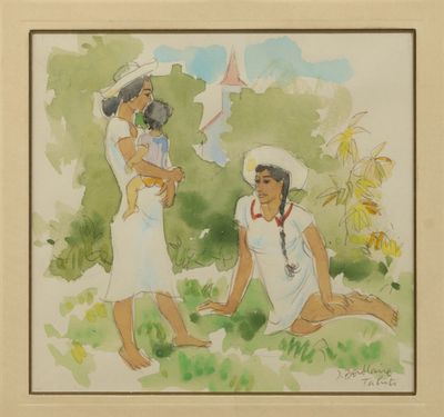 tableau représentant deux femmes assises dans l'herbe avec un cerf-volant