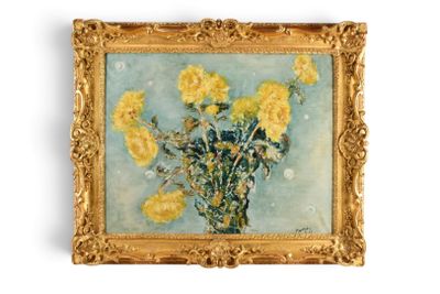 tableau représentant des fleurs jaunes dans un cadre doré sur fond bleu