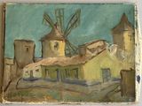 an oil painting of a windmill and a building with a sky background