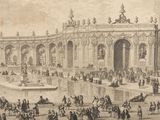 a drawing of a palace with a fountain in the middle of it