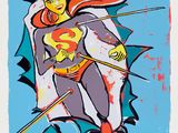 une image représentant un tableau d'une femme vêtue d'un costume de Superman