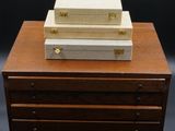 three wooden boxes stacked on top of each other on a table