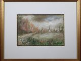painting of a landscape with windmills in the distance and a river in the foreground