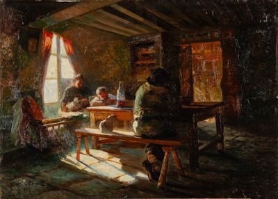 peinture d'un groupe de personnes assises autour d'une table dans une pièce