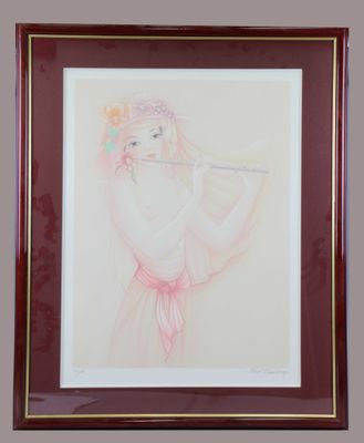 painting of a woman in a pink dress holding a flute