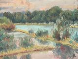 une peinture d'une rivière avec des arbres en arrière-plan