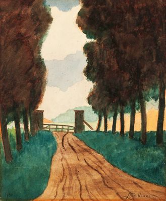 an image of a painting of a dirt road with trees