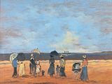 tableau représentant un groupe de personnes debout sur une plage, avec des parasols