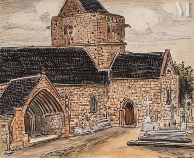 dessin représentant une vieille église avec un clocher en arrière-plan