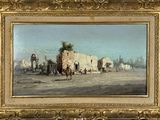 une peinture à l'huile représentant une scène de désert avec des personnages et des animaux
