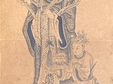 an old drawing of a man and a woman sitting on the ground