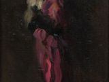 un tableau représentant une femme en robe rose tenant un chat blanc