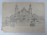 dessin au crayon représentant un grand bâtiment avec une tour horloge en arrière-plan