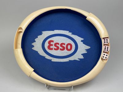 a blue tray with a red and white esso logo on it