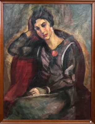une peinture à l'huile représentant une femme assise sur une chaise, la main posée sur la tête