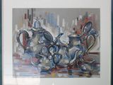 a painting of a group of teapots and cups on a table