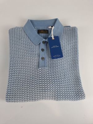 a polo shirt with a blue and white pattern on the collar