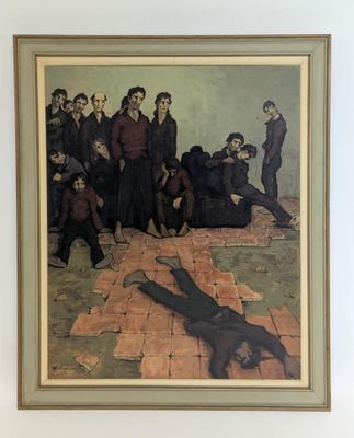 tableau représentant un groupe d'hommes debout autour d'un homme allongé par terre