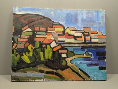 tableau représentant un tableau d'une petite ville au bord de l'eau