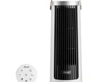 une photo d'un ventilateur sur pied blanc et noir à côté d'une télécommande