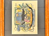 painting of a cat sitting on a chair in front of a painting of a cat